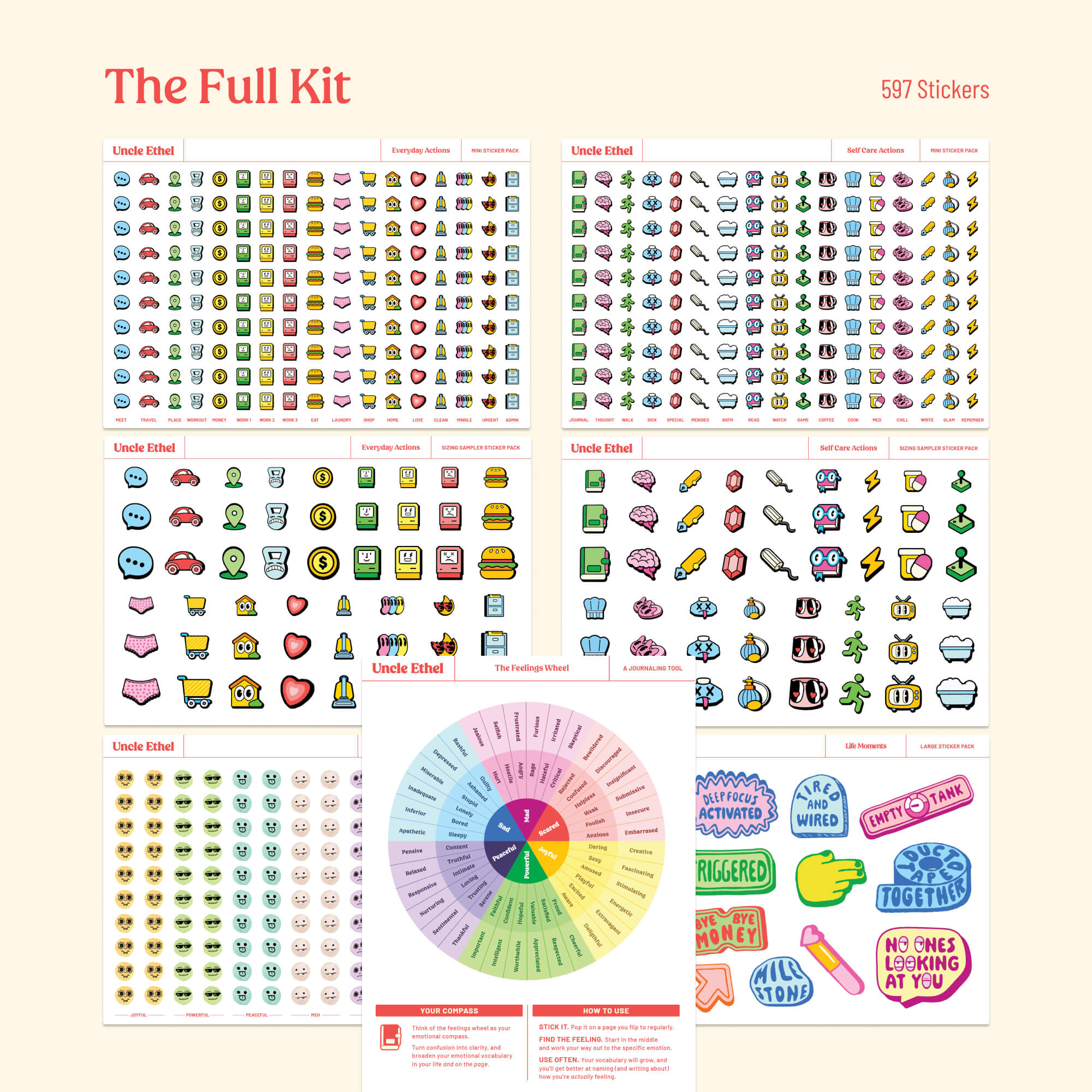 All different sticker sheets shown: Everyday actions, self-care actions, feelings, feelings wheel, and decoorative