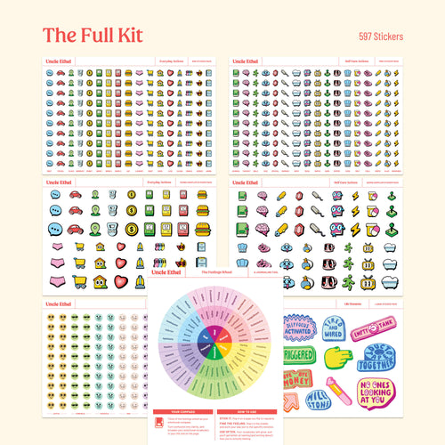 All different sticker sheets shown: Everyday actions, self-care actions, feelings, feelings wheel, and decoorative